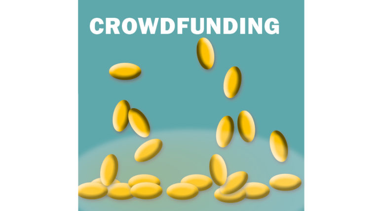 Das Wort Crowdfunding ist zu sehen und viele Goldmünzen fallen daraus auf den Boden