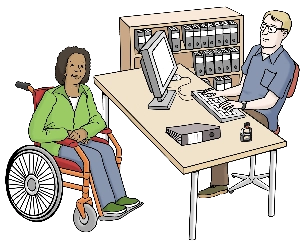 Eine Frau im Rollstuhl sitz in einem Büro