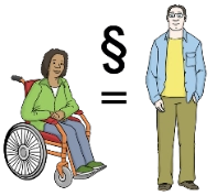 Frau im Rollstuhl, Ist gleich zeichen, Paragrafenzeichen, Mann der steht