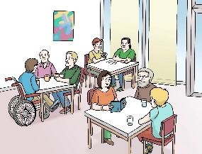 Viele unterschiedliche Leute sitzen an unterschiedlichen Tischen und reden