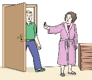 ein Mann kommt zur Tür rein, die Frau signalisiert ihm: Stopp