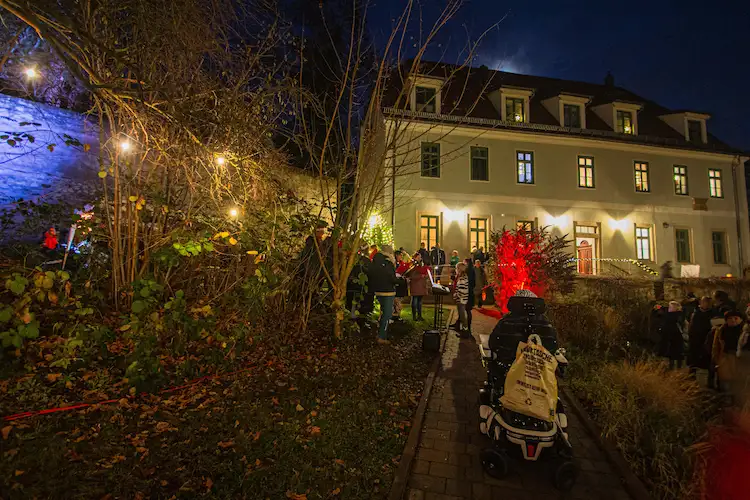 Menschen singen vor einem beleuchteten Baum