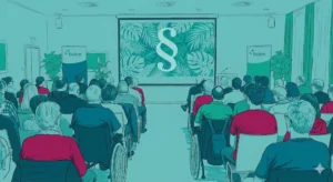 Diverse Menschen sitzen in einem raum und schauen auf eine Präsentation