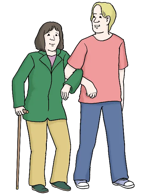 ein Mann hilft einer Frau mit Krücke