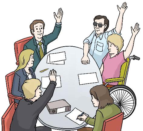 Menschen am Tisch heben die Hand